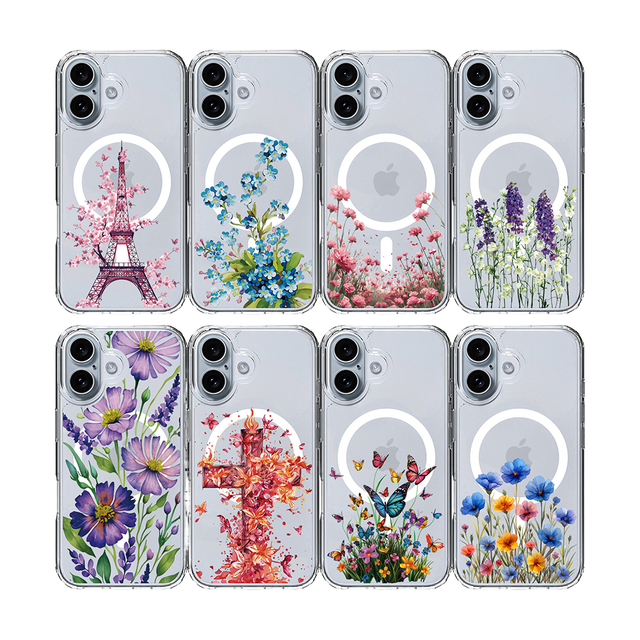 Transparent Hard PC Shockproof Magnetic Phone Case Attractive Flower Butterfly Heart Business Style for iPhone 16 Pro Max 8Plus