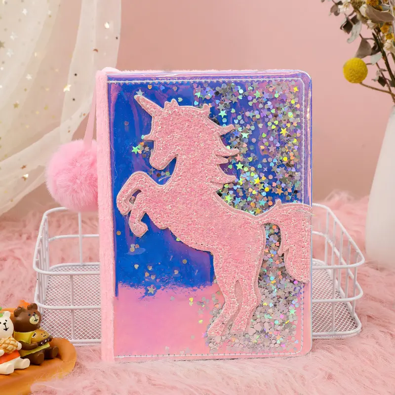 Fantasy Unicorn Quicksand Glitter Cartoon Lollipop Cute Rainbow PU Glitter journal notebook school gift notebook set with pen