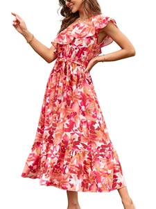 Abito Midi Floreale Monospalla con Volant da Donna, Stile Europeo Americano, Vita Sottile con Laccetti, Orlo a Balze a Strati, Vestito Estivo Casual - Product Image 4