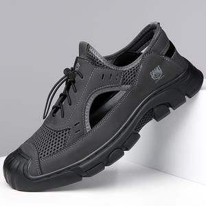 Sandales d'été en cuir véritable pour hommes, à bout ouvert, avec empeigne en maille, décontractées, à semelle souple, respirantes, avec soutien de la voûte plantaire, légères et faciles à enfiler - Product Image 4