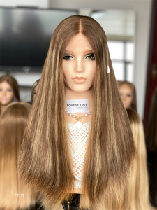 Premium European Hair Silk Top Lace Top Bandfall Jewish Wig <b>Brown</b> Highlights High Quality Straight Style Factory Supply Qingdao - Product Image 4