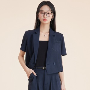 Navy Blue Short Blazer Women Summer Lightweight Breathable Solid Color Polyester Suit Set 2025 New Professional Style - Product Image 1