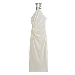 TAOP & ZA 2023 verão novo vestido branco saia longa assimétrica abertura design halter pescoço vestido Vestidos Mujer 7981636