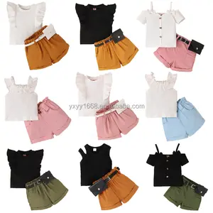 2023 Girls Clothes Set Ribbed Knitted Striped Fashion Sweet Wear Two Pieces Set