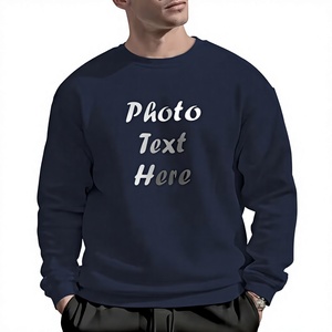 Men's Navy Blue Pullover Sweatshirt O-Neck Long Sleeve Knitted Cotton Printed Letter Design Front Logo Autumn Wear - Product Image 1