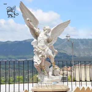 BLVE Outdoor Religious White Marble St Saint Michael Statue Life Size Archangel Michael Sculpture Kill Devil