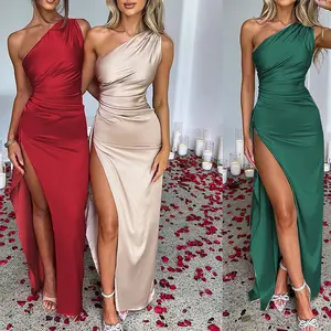 RTS Stock Women One Shoulder Backless High Slit Prom Dress Sage Green Red Bridesmaids Dresses