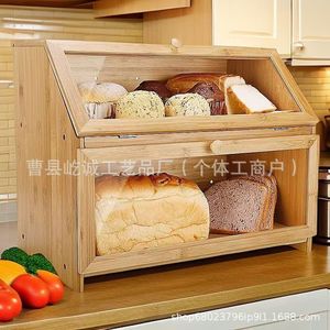 กล่องขนมปังไม้ไผ่ 2 ชั้น สำหรับเก็บขนมปังและขนมอบ สีพื้น 39X32X25 ซม. ฝาปิดช่องเก็บของ - Product Image 3