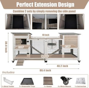 Gaiola para Coelhos Interna/Externa de 2 Andares com Estrutura de Madeira, 4 Rodas de Metal, Painéis à Prova de UV, 2 Bandejas Mais Profundas, Acesso Superior à Prova de Vazamentos - Product Image 5