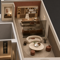 Service de rendu 3D de bureaux modernes en bois, visuel d'intérieur, rénovation de bureaux commerciaux, projet complet pour centre commercial