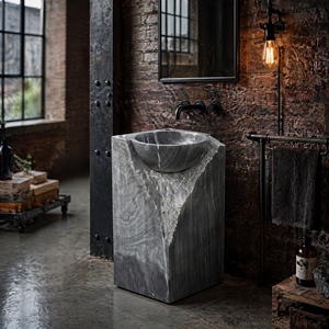 Poulars Wholesale Luxury Wall-mounted Natural Stone Man Made Wash Pedestal Hand Washing Sink Grey Wood Marble Stone Basin - Product Image 4