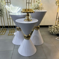 Ensemble de 3 socles de luxe pour gâteaux et desserts, cylindriques en métal blanc brillant, avec détails dorés miroir, pour mariage, Global