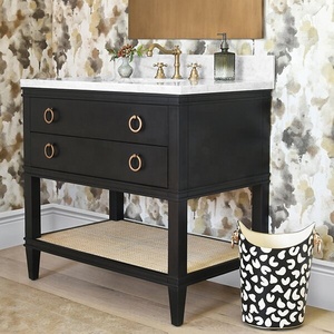 Top in marmo per <span class=keywords><strong>bagno</strong></span> in <span class=keywords><strong>legno</strong></span> massello <span class=keywords><strong>con</strong></span> <span class=keywords><strong>mensola</strong></span> in Rattan e maniglie ad anello lavello mobile per lavello per lo stoccaggio organizzato - Product Image 6