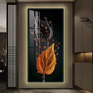 Peinture murale moderne HD imprimée motif feuille, éclairage LED, vente chaude, décoration intérieure, art mural, peinture sur porcelaine cristalline, vente en gros personnalisée - Product Image 3