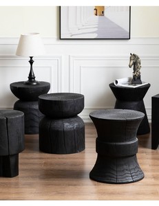 Mesa Auxiliar de Madera Maciza de Estilo Moderno Wabi-Sabi, Taburete de Tronco Carbonizado con Patas de Tela, Taburete Bajo Otoñal para Decoración de Sala de Estar - Product Image 4