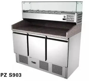 Mesa refrigerada comercial de tamaño pequeño con 3 puertas para preparar pizza con enfriador de barra superior