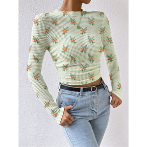 Solid Color Slim Long Sleeve Plaid Round Neck Women's T-Shirt Drawstring <b>Tops</b> Fashion - Product Image 1