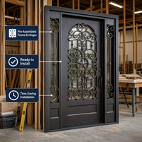 Porte d'entrée en fer forgé cintrée avec design personnalisé, revêtement poudré anti-corrosion, verre dépoli, porte de sécurité pour maison de luxe