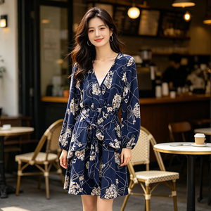 Vestido Mini Casual de Fiesta para Mujer, Novedad 2026, Azul Marino con Estampado Floral, Manga Larga, Cuello en V, con Cinturón y Volantes, Venta al por Mayor OEM - Product Image 1