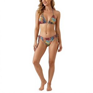 Conjunto de Bikini Estampado con Cuello Halter y Cordones para Mujer, Parte Inferior con Lazos Laterales y Perlas, Spandex y Poliéster de Alta Elasticidad, Corte Regular, Tallas Grandes, Maternidad - Product Image 2