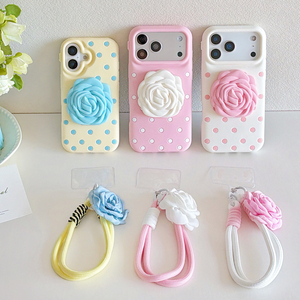 Funda de silicona suave con soporte plegable de flor de rosa y diseño de lunares <span class=keywords><strong>para</strong></span> iPhone 17 16 15 14 13 Pro Max con correa de muñeca - Product Image 2