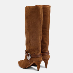 Bottes hautes pour femmes, taille 46, coupe large, talons aiguilles, en daim, bout pointu, style bottines longues - Product Image 4
