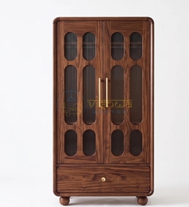 Vintage Walnut Wood Wardrobe with Arched Glass Panel Doors and Drawer Elegant Bedroom Storage <b>Cabinet</b> with <b>Retro</b> Modern Designs - Product Image 4