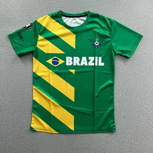 Kemeja lengan pendek motif bendera Brasil layanan OEM bergaya dengan cetakan grafis Log kustom dan desain teratas