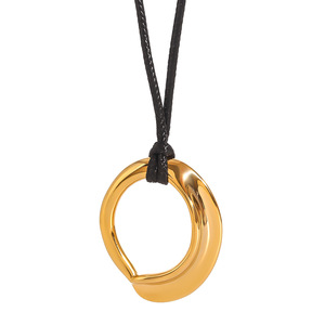 Stainless Steel Geometric Pendant <b>Necklace</b> 18k Gold Plated Openwork Design Black Waxed Cord Jewelry - Product Image 1