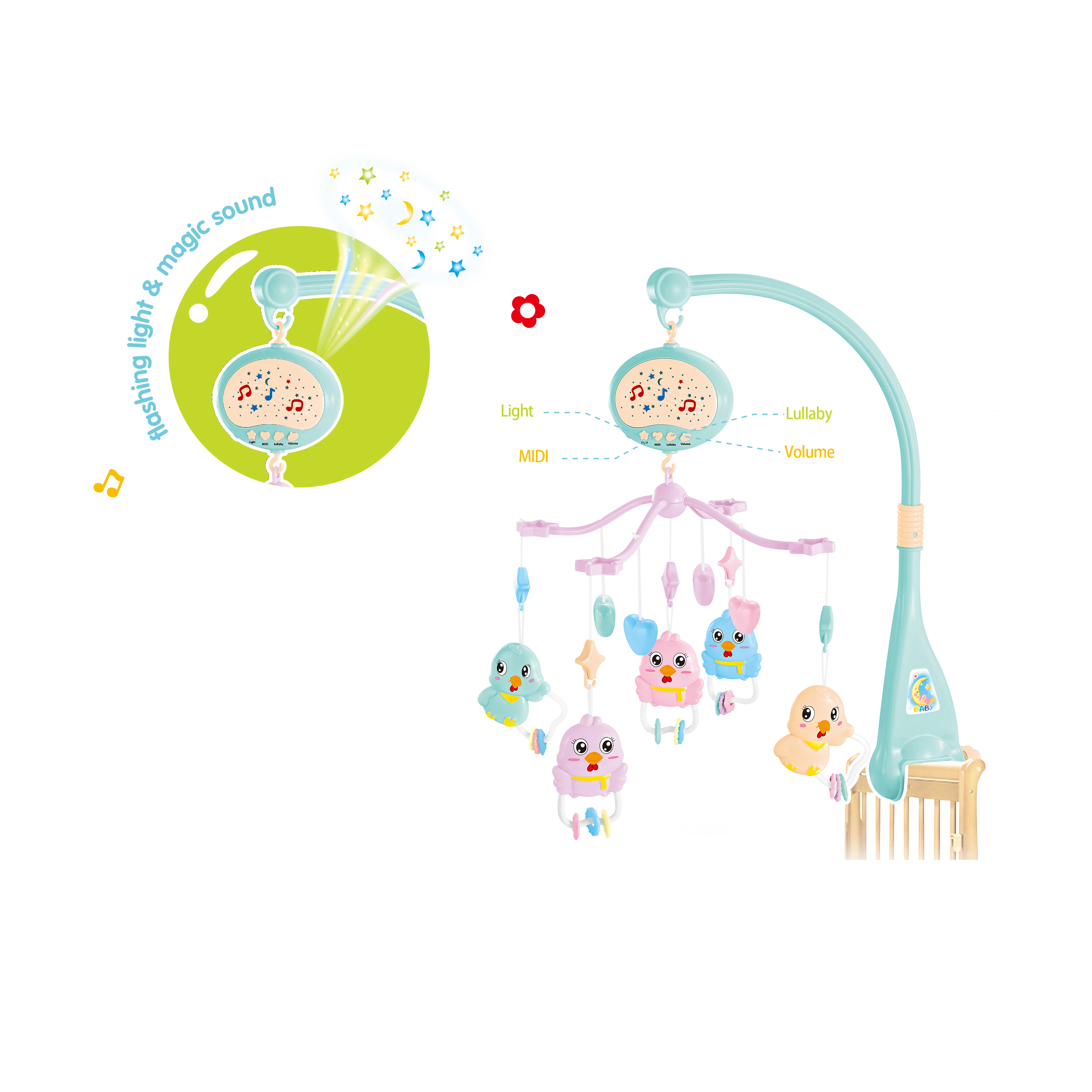 Baby 0-12 Months Touch Crib Mobile Musical Bed Bell With Animal Rattles Projection Cartoon Early Learning