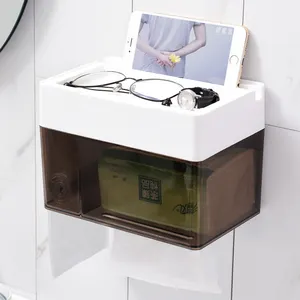 New design drill free wall mounted adhesive hard plastic bathroom plastic storage box for tissue paper holder box with trash box