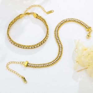 Stainless Steel Pave <b>Cuban</b> <b>Link</b> Bracelet-Trendy Double <b>Chain</b> Design Elegant Versatile Casual Jewelry - Product Image 1