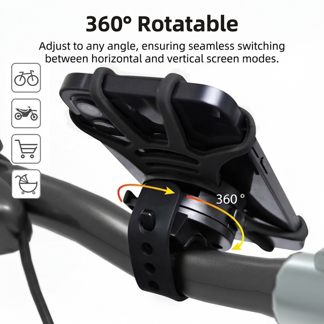 Universal Bike Phone Mount with Silicone Strap, 360° Rotatable Bicycle & Motorcycle Handlebar Holder