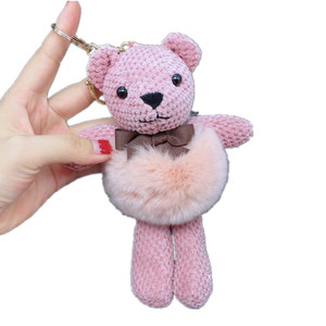 Pendentif porte-clés <span class=keywords><strong>ours</strong></span> en peluche doux avec pompons et nœud, breloque pour sac, pour femme - Product Image 1