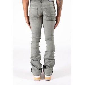Jeans en denim gris de luxe pour hommes, style évasé, boutons-pression, personnalisés, effet empilé et déchiré - Product Image 6