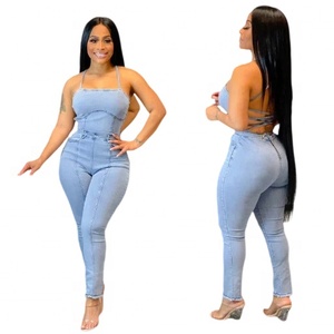 <span class=keywords><strong>Combinaison</strong></span> en jean pour <span class=keywords><strong>femme</strong></span> YUANBOFEI, délavée clair, sans manches, col halter, coupe skinny, dos lacé, style décontracté streetwear - Product Image 1