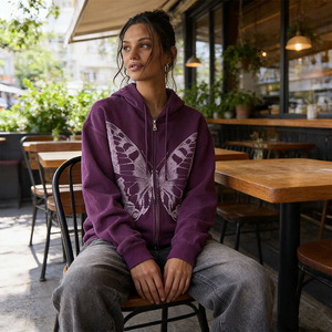 <span class=keywords><strong>Felpa</strong></span> <span class=keywords><strong>con</strong></span> Cappuccio Vintage Y2K <span class=keywords><strong>con</strong></span> Stampa di Farfalle, Oversize, Sbiadita, <span class=keywords><strong>con</strong></span> Zip, Stile Grunge Streetwear per Donne - Product Image 2