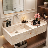 Vasque de salle de bain de luxe en dalle de pierre French Monet Garden, à bord étroit, cuve profonde, rose toutes saisons, sur mesure avec LED