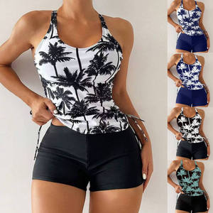 Nuevo Bikini Sexy con Estampado de Palmeras, Cuello Alto, Cintura Alta, Arrugado, de Dos Piezas, Traje de Baño para Mujer, Traje de Baño Personalizado - Product Image 1