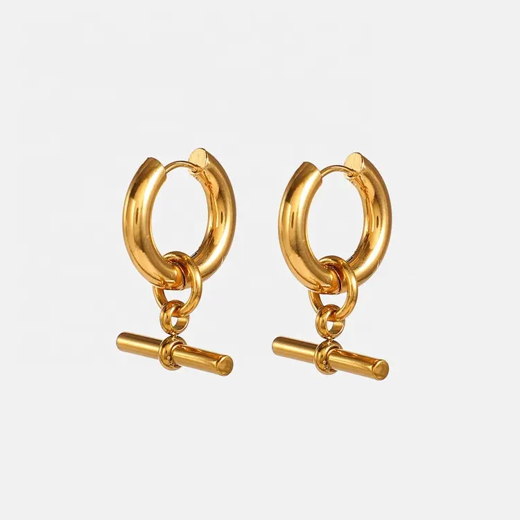 Minimalist Jewelry Trendy Dangle Earrings Girls Hypoallergenic 18K Gold Plated Stainless Steel T Bar Hoop Earrings