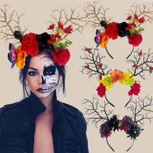 Diadema de Halloween Día de Muertos - Tocado gótico oscuro con ramas artificiales y flores coloridas para personas - Product Image 1