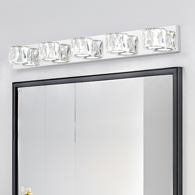 5-Light Modern Chrome LED Wall Sconce with Clear Crystal Shades for Bathroom Bedroom or Hallway