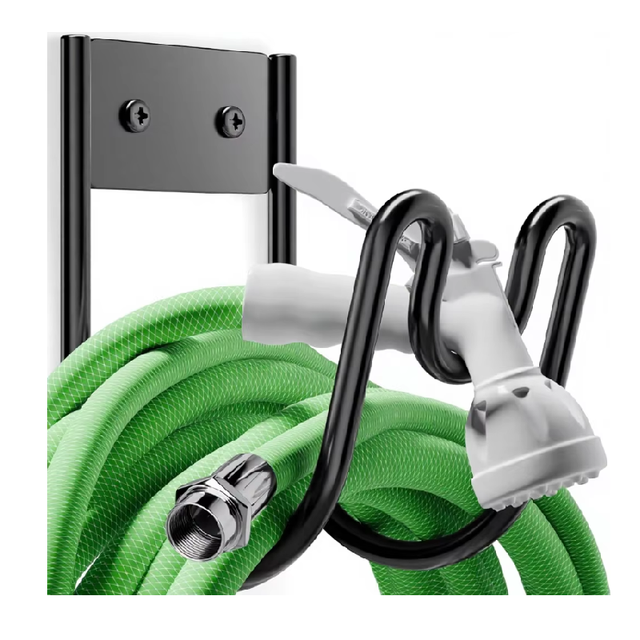 Black Metal Heavy Duty Wall Mounted Garden Hose Holder with Extension Cords (1 Pack)