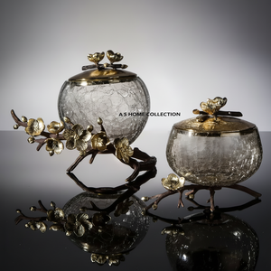 Soporte de diseño de flores de metal con tapa dorada, cuencos para servir de vidrio roto, pares de 2 para almacenamiento de utensilios de cocina para el hogar - Product Image 1