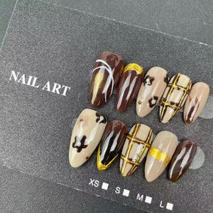 <span class=keywords><strong>Uñas</strong></span> Postizas Hechas a Mano de Alta Calidad al por Mayor, Forma de Almendra, <span class=keywords><strong>Color</strong></span> Café, Estilo Pintado a Mano, Reutilizables - Product Image 4