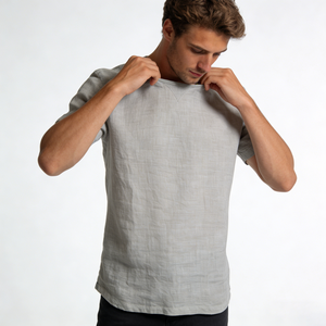 <span class=keywords><strong>T</strong></span>-Shirt da Uomo Personalizzata in Tessuto di Lino Traspirante e Leggero, Grigio Chiaro, Collo Tondo, Vestibilità Comoda e Casual - Product Image 6