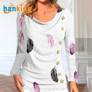 Hauts asymétriques à manches longues pour femmes col rond bouton décor froncé décontracté mélange de coton écologique imprimé par transfert de chaleur - Product Image 4