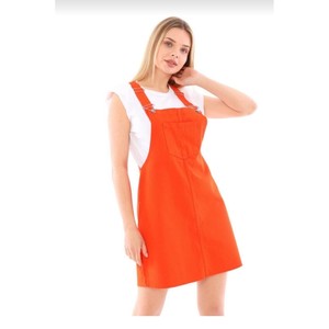 กระโปรงเอี๊ยมยีนส์สีส้มทรงเอ 100% ผ้าฝ้ายแฟชั่นสตรีสไตล์เรียบง่าย - Product Image 1
