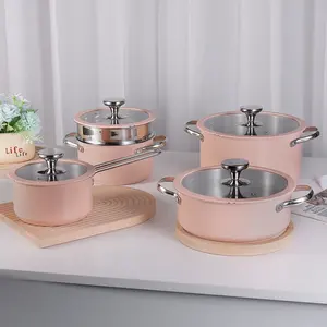 2024 mới thiết kế Hàn Quốc phong cách 4 cái bền gốm sơn nhà bếp cảm ứng thép không gỉ Cookware sets nấu ăn nồi Set