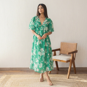 Robe midi vert à imprimé floral, col en V, manches bouffantes, style bohème ample, en mousseline, décontractée d'été pour femme, respirante et unie - Product Image 1